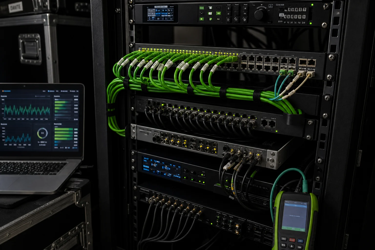 Rack de red audiovisual con switch gestionado, fibra y cableado preparado para un evento